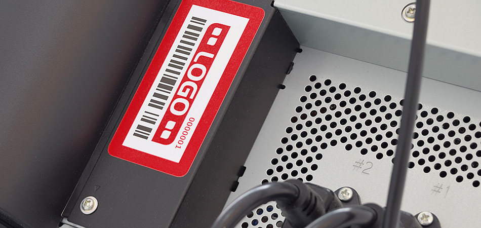 Inventaraufkleber mit Barcode und Logo